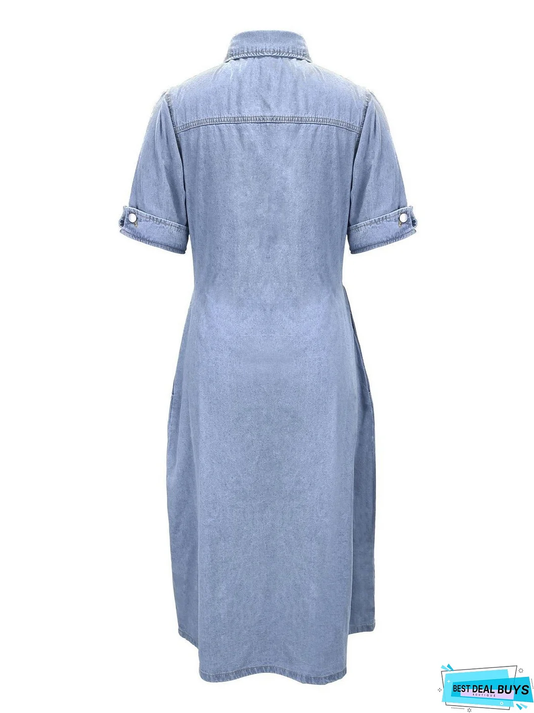 A-Line Flap Pockets Denim Dress, Rolled Sleeve Button Up V Neck Dress, Casual Lapel Denim Long Dress, Women's Denim Dress & Clothing