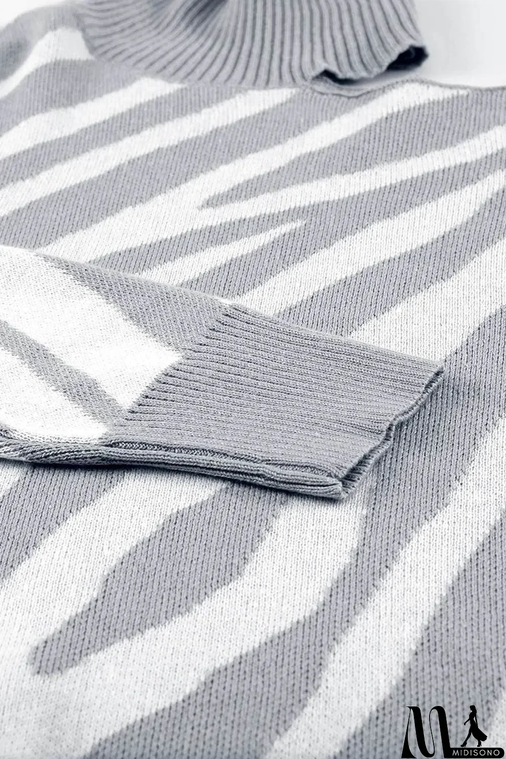MidiSono - Gray Zebra Print Mock Neck Cold Shoulder Sweater