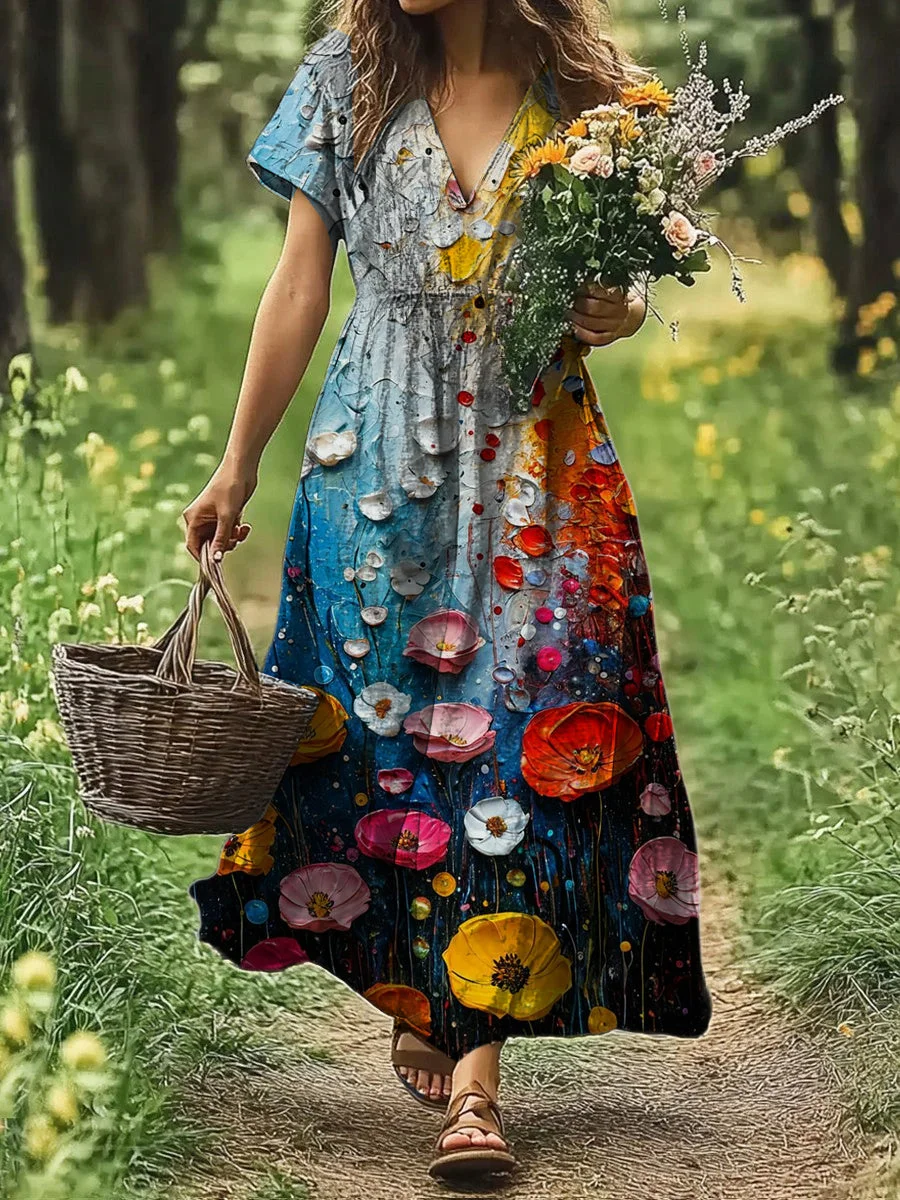 Vintage V-neck Bohemian Floral Print Elegant Chic Loose Midi Dress-DR-F-60