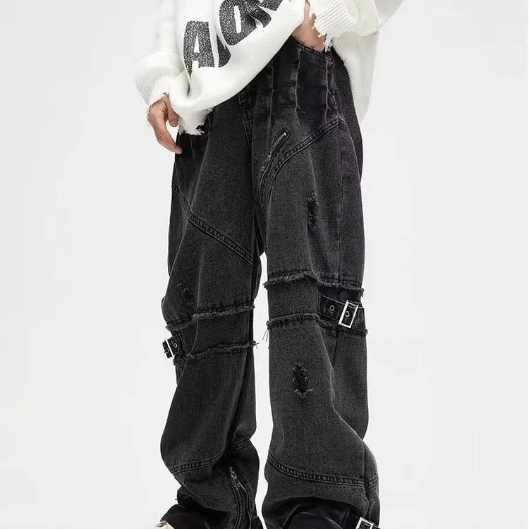 Vintage Cargo Jeans Straight High Street Hip Hop Loose Wide Leg Trousers at Hiphopee