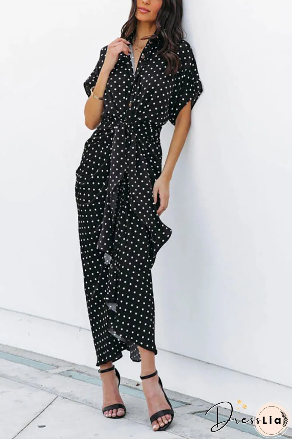 Polka Dot Tie Front Midi Shirt Dress