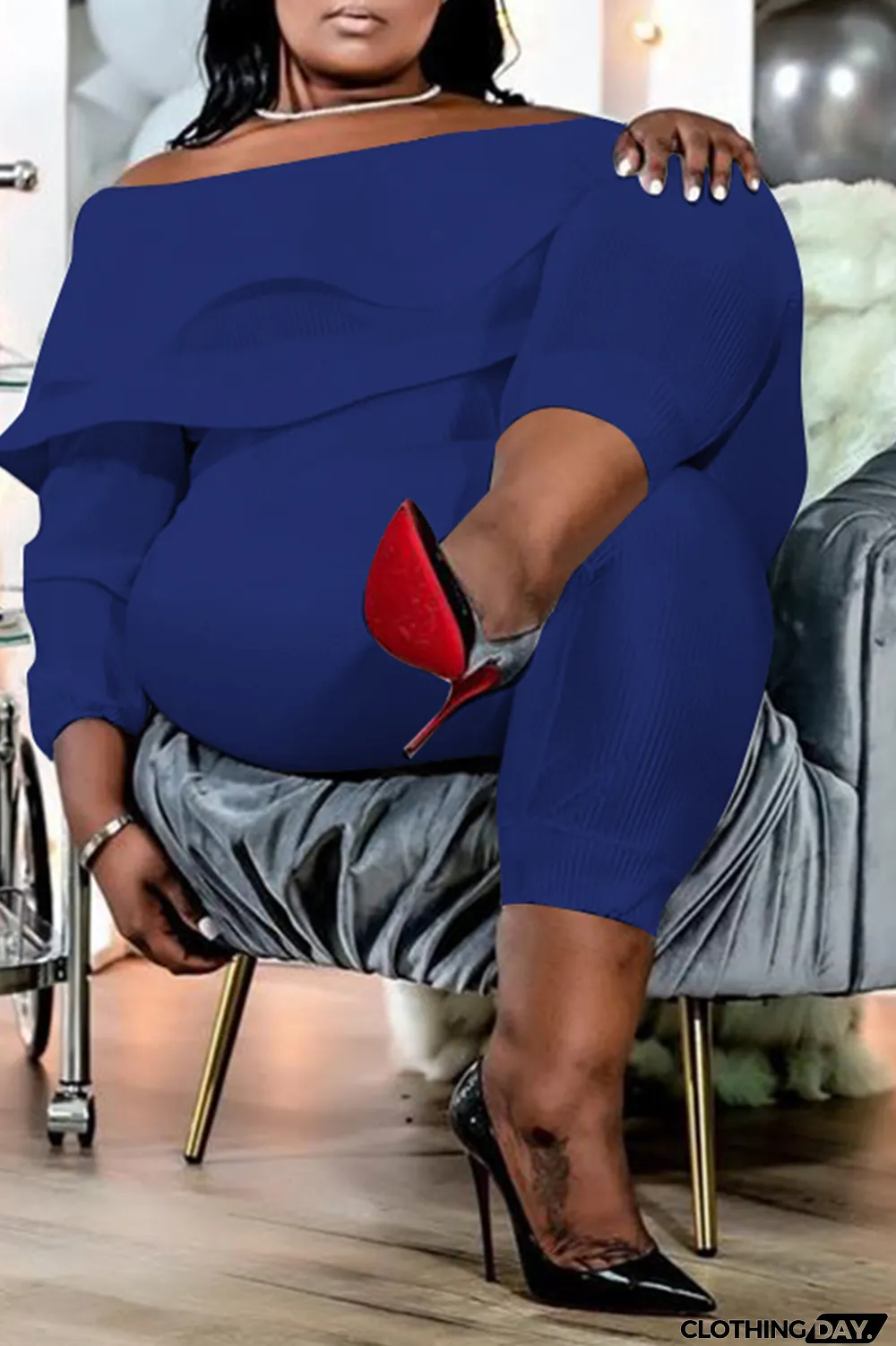 Purple Casual Solid Patchwork Off the Shoulder Plus Size Jumpsuits