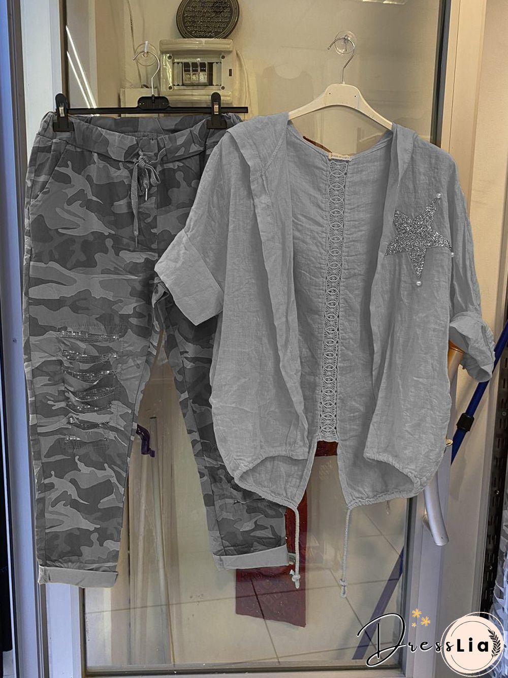 Sequin Star Decor Shirt And Camouflage Pants