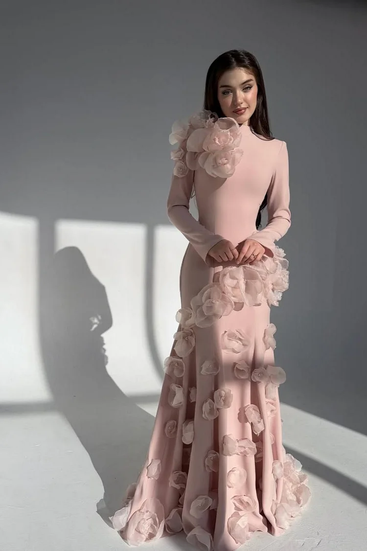 Lussooy Elegant Long Sleeves Evening Dress With Handmade Flower