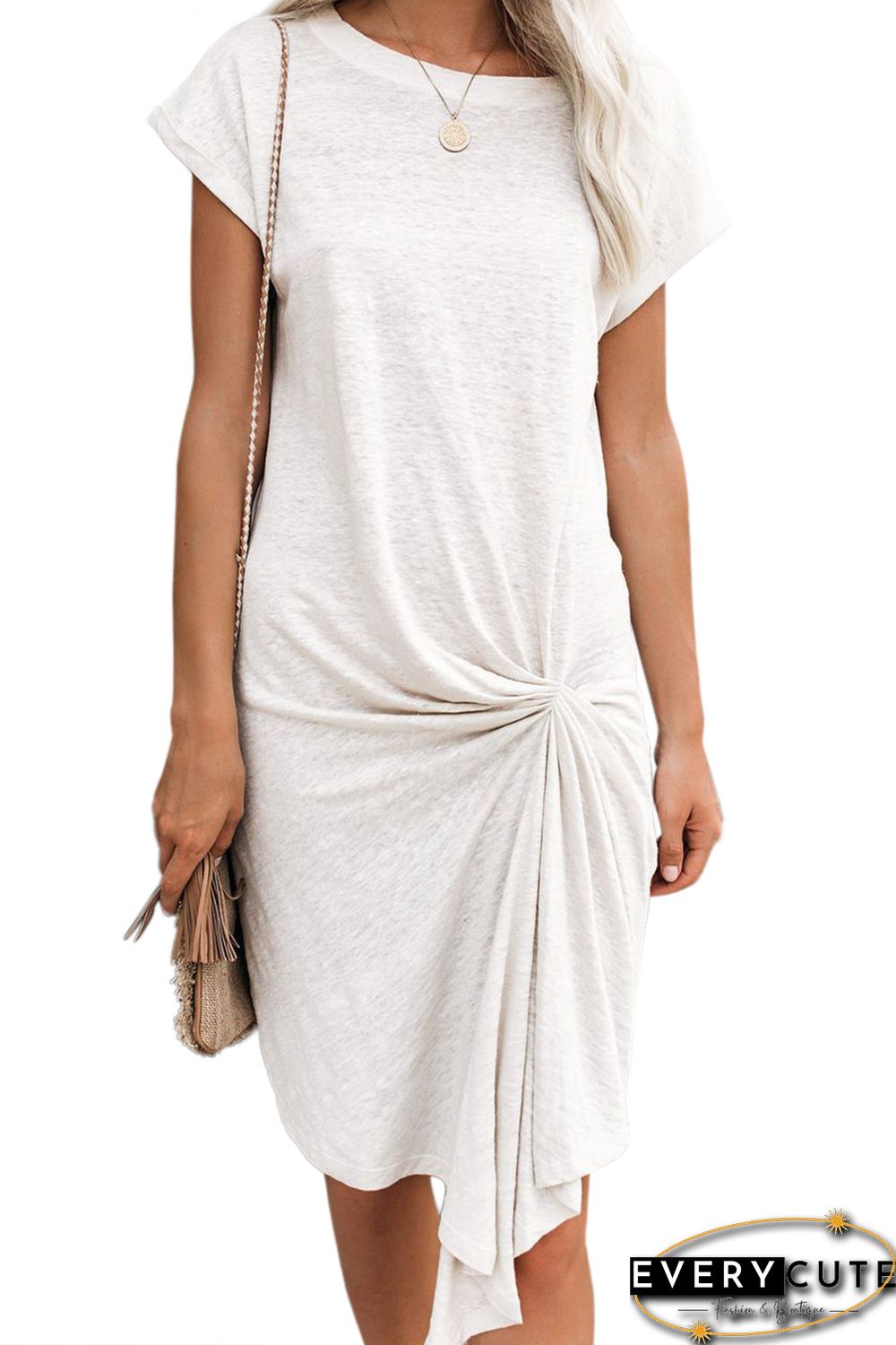 White Low Key Linen Twist T-Shirt Dress