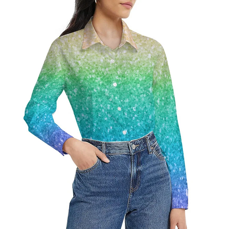 Rainbow Colors Glitter Sparkle Girly Glam Colorful Women Button Down Shirt Classic Long Sleeve Collared Work Office Blouse - Heather Prints Shirts