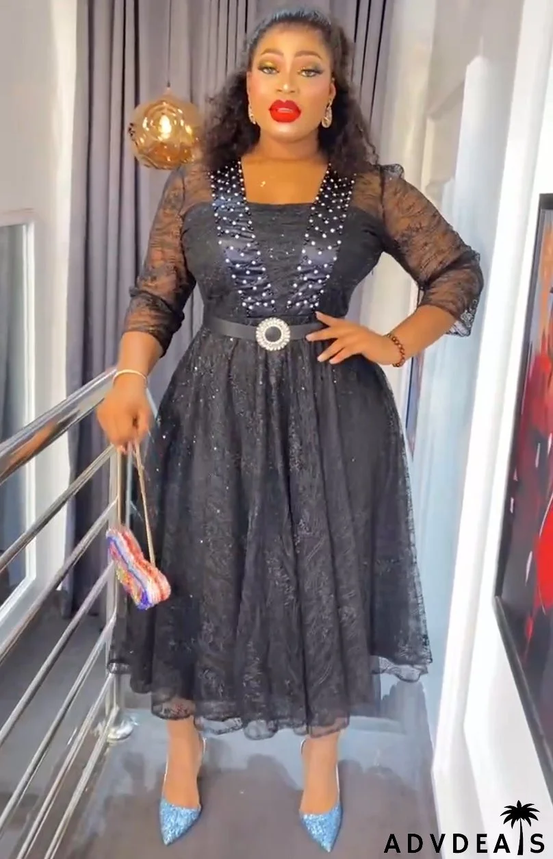 African Clothing Plus Size Women's Lace Patchwork Beaded A-Line High Waist Dress With Belt