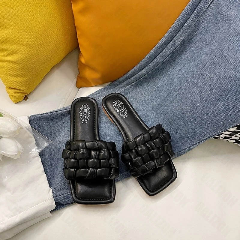 New Summer Women Open Toe Flat Casual Woven Knitted Slippers Shoes Woman Flip Flops Flats Sandals Slippers Slip On Slides Shoes