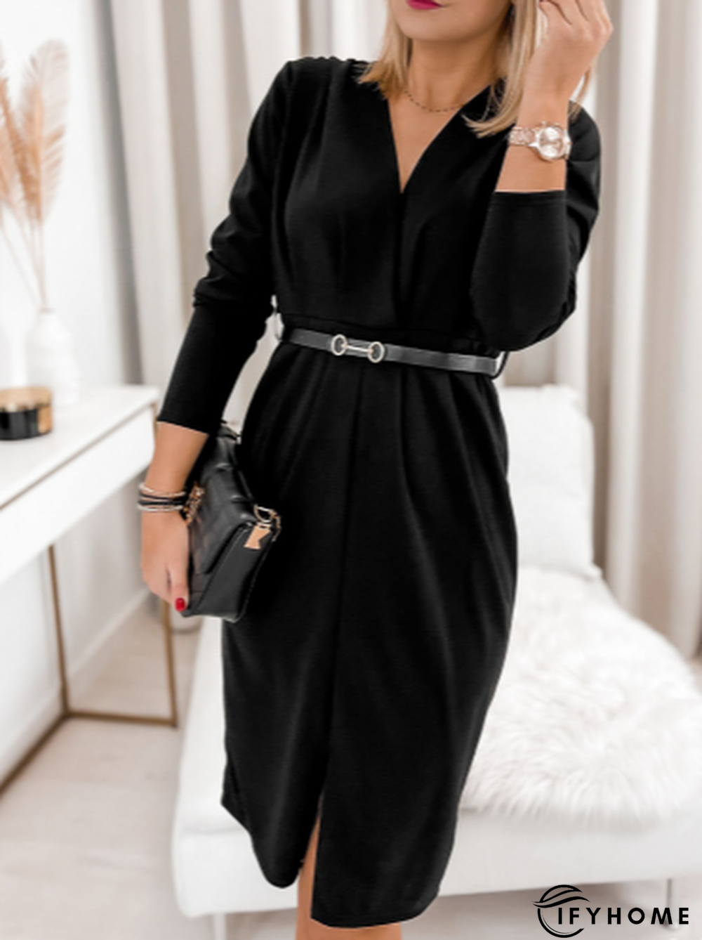 Loose Plain Casual V Neck Dress | IFYHOME