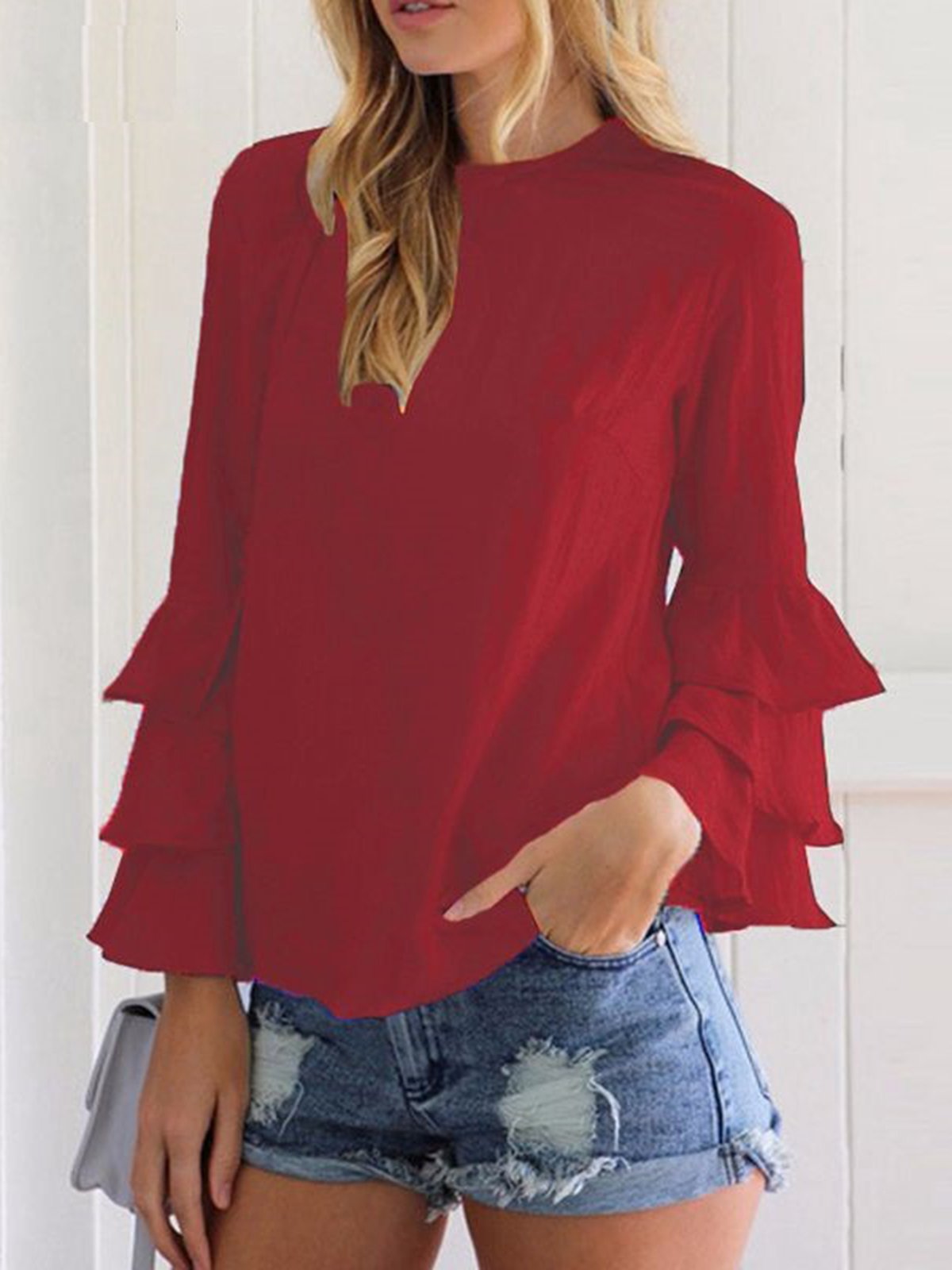 Crew Neck Solid Tiered Long Sleeve Blouse