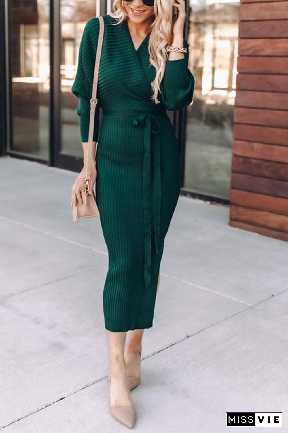 Surplice Wrap Side Slit Sweater Dress
