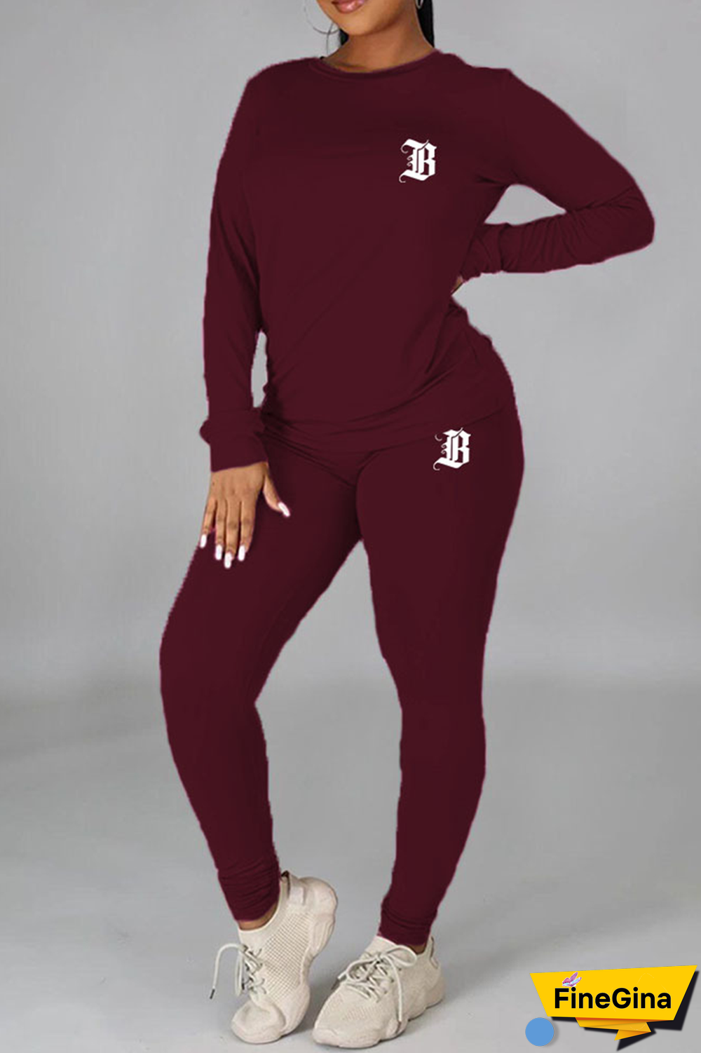 Burgundy Casual Print Patchwork O Neck Long Sleeve Two Pieces