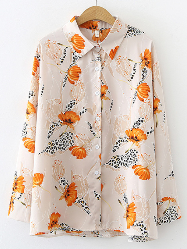 Women's Shirt Waterdrop Yellow Floral Pattern Long Sleeve Light Weight Chiffon Shirt