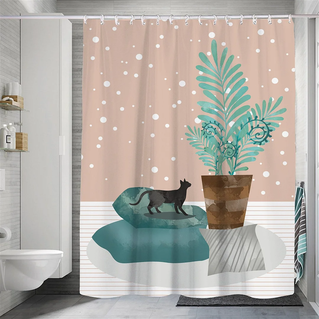 Modern Small Fresh Shower Flower Cat Shower Curtain Polyester Frabic Waterproof Polyester Bathroom Curtain with Hooks Home Decor