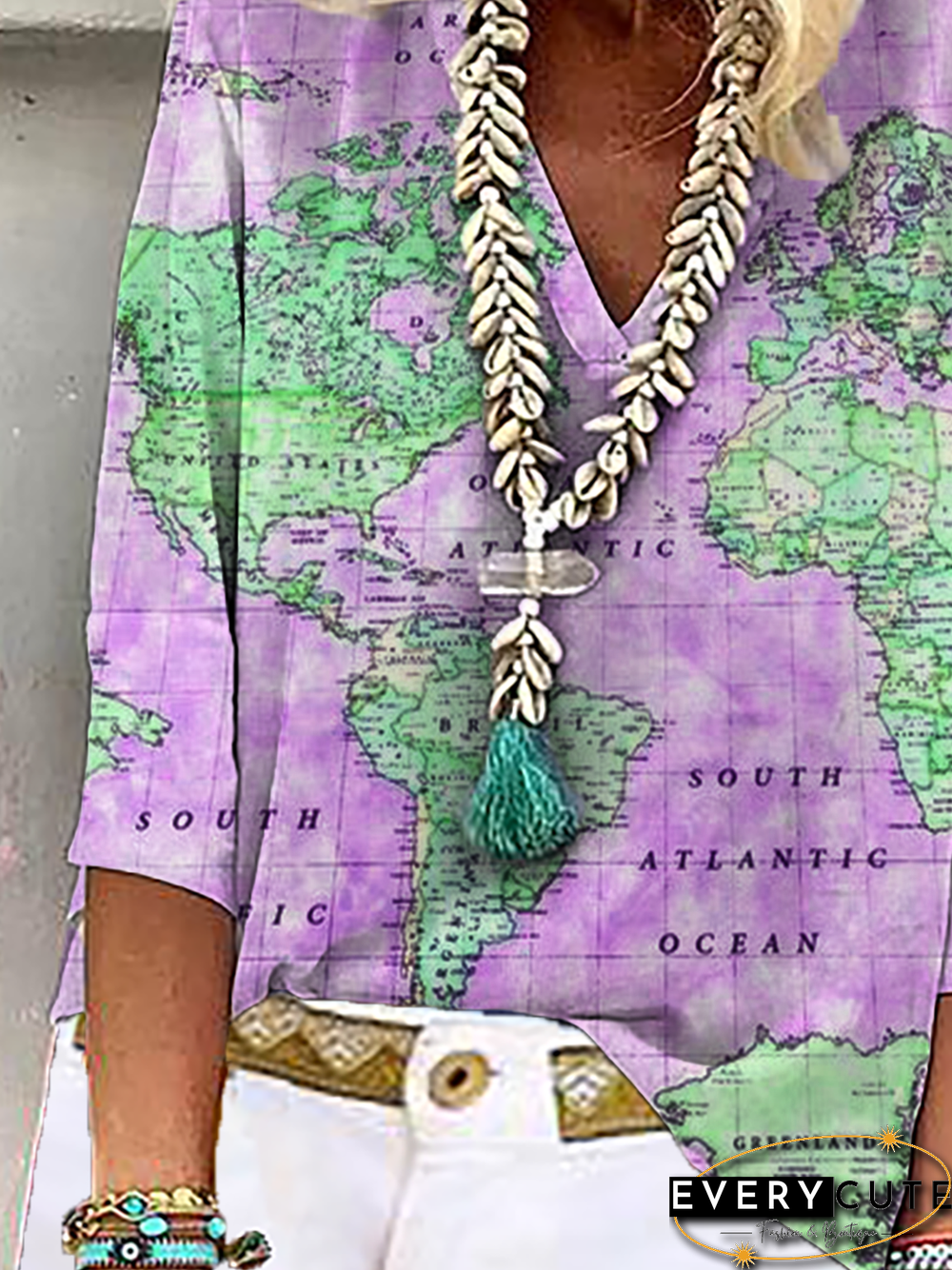 Plus size Map Printed Casual Tops