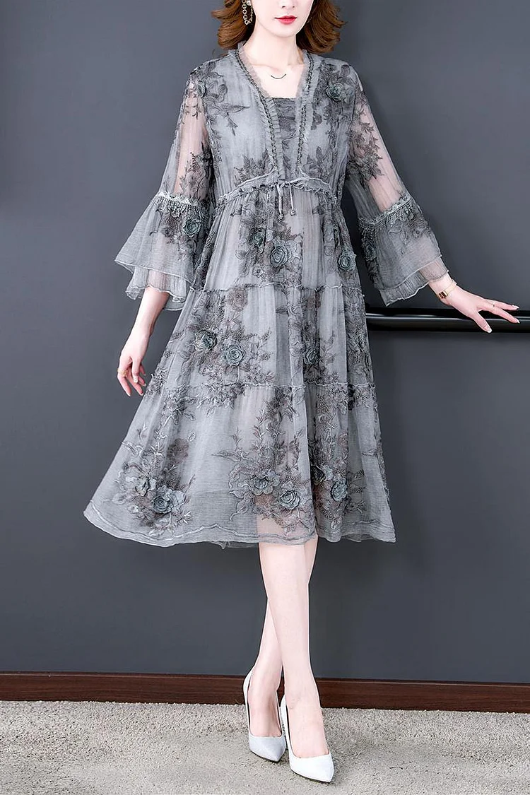 Elegant Floral Silk Hollow Out Sexy Midi Dress