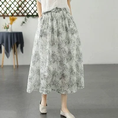 Summer Retro Print Loose Casual A-Line Linen Skirt