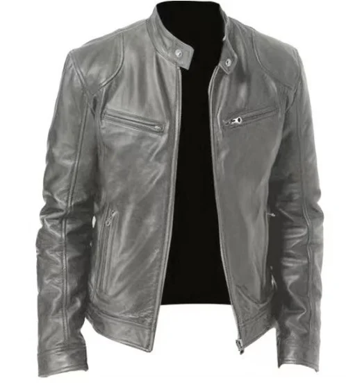 Uveng Uveng Business Gentleman Warm Zipper Open Shirt Pocket Decoration PU Leather Jacket Collar Collar Zipper Leather Jacket