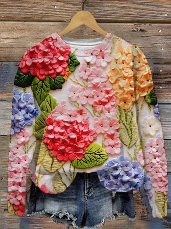 Women's Multicolor Hydrangea Flower Print Casual Sweatshirt