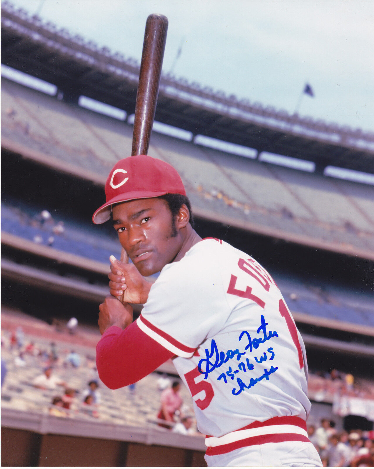 GEORGE FOSTER CINCINNATI REDS 75-76 WS CHAMPS ACTION SIGNED 8x10