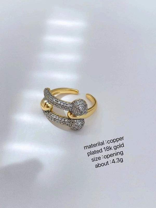 IG Style Geometric Heart Shape Copper Zircon 18K Gold Plated Mixed Metal Plating Inlay Open Rings