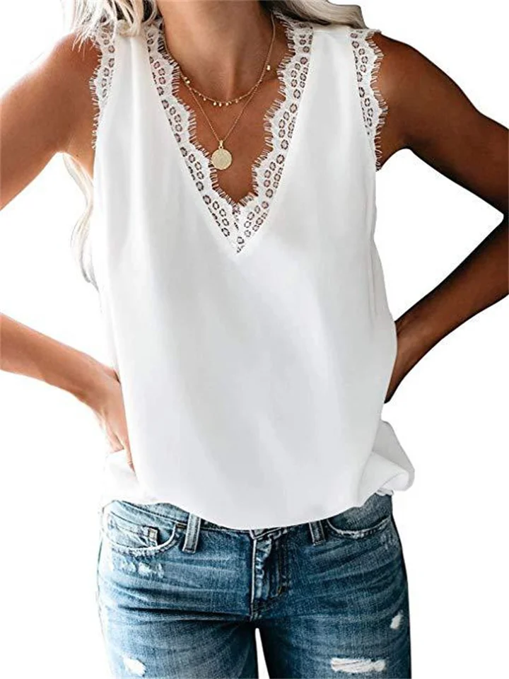 Women's Tank Top Black White Yellow Floral Feather Lace Trims Print Sleeveless Holiday Weekend Basic V Neck Regular Floral S