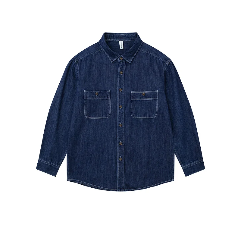 Retro Men's Long Sleeve Shirt Washed Denim Double Pocket Casual Shirt Basic Deim Shirt