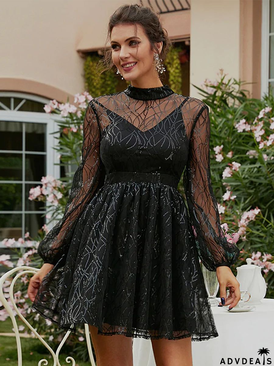 High Neck A-Line Sequin Black Homecoming Dress XJ1543