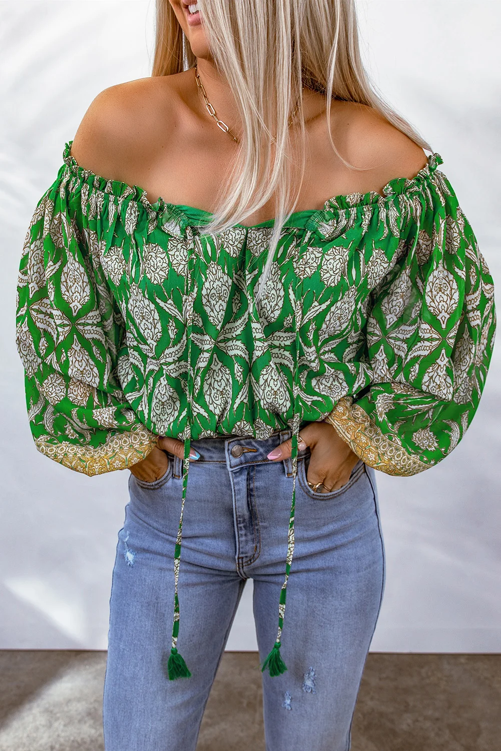 Green Floral Print Tassel Tie Off Shoulder Blouse | IFYHOME