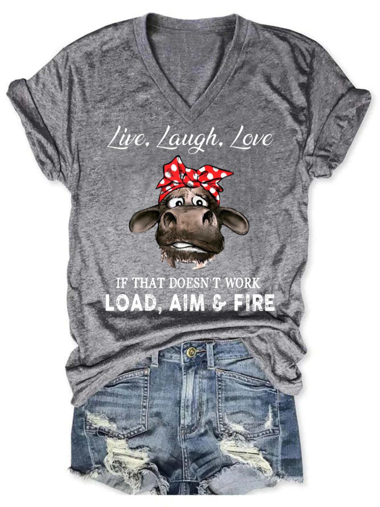 Live Laugh Love Cow Print V-Neck T-Shirt wearshes