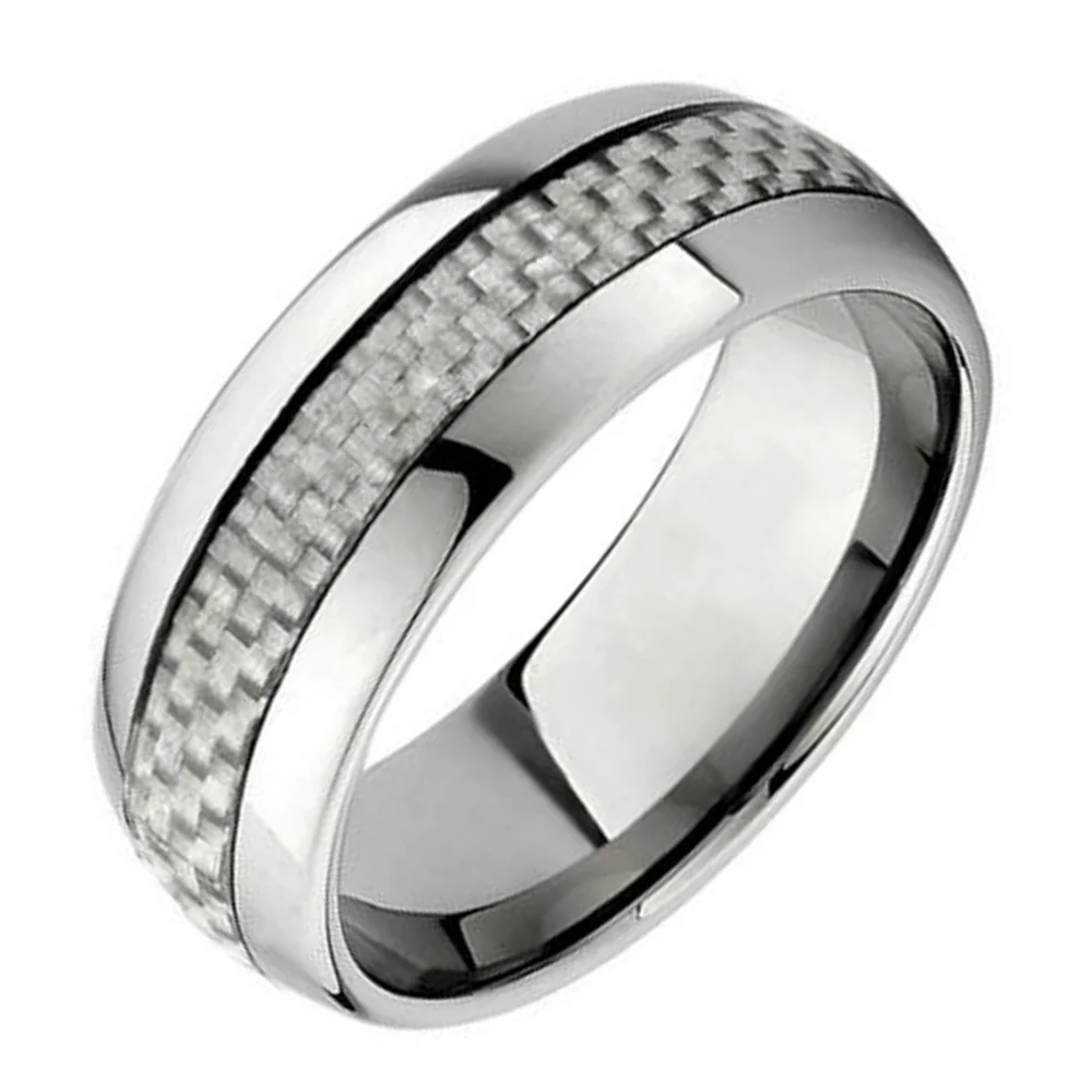 8MM Couple Tungsten Rings Inlaid Silver Carbon Fiber Wedding Band