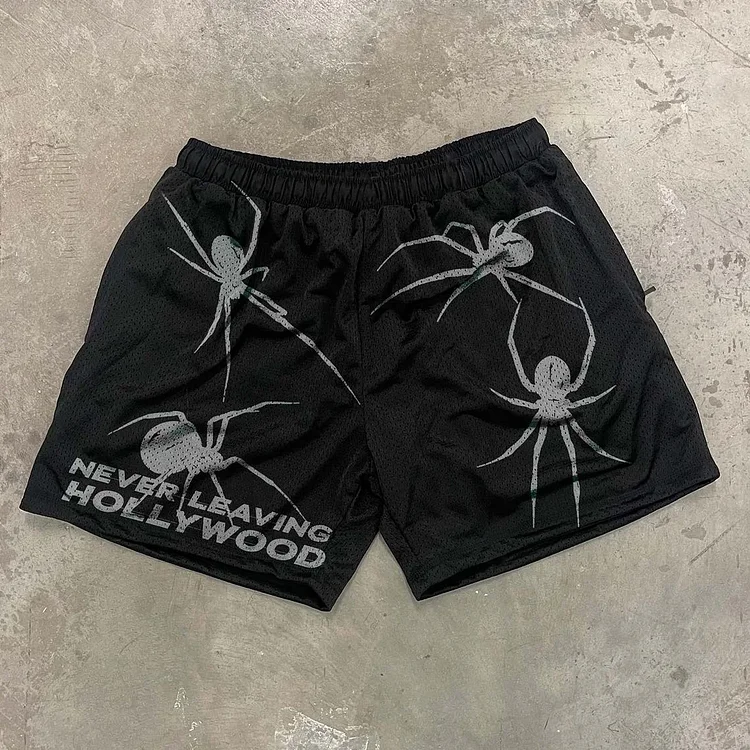 Broswear Spider Letter Print Mesh Shorts