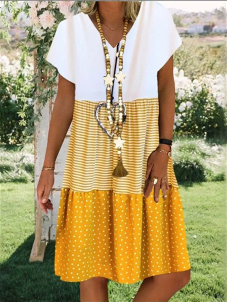 Ladies casual V-neck printed short sleeve dress