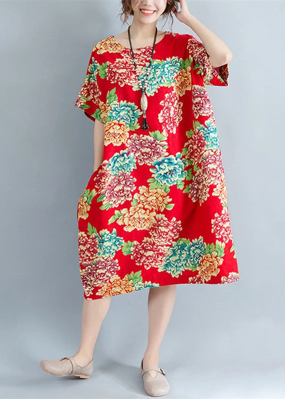 boutique red floral Midi-length linen dress plus size linen clothing dresses casual o neck short sleeve linen cotton dress