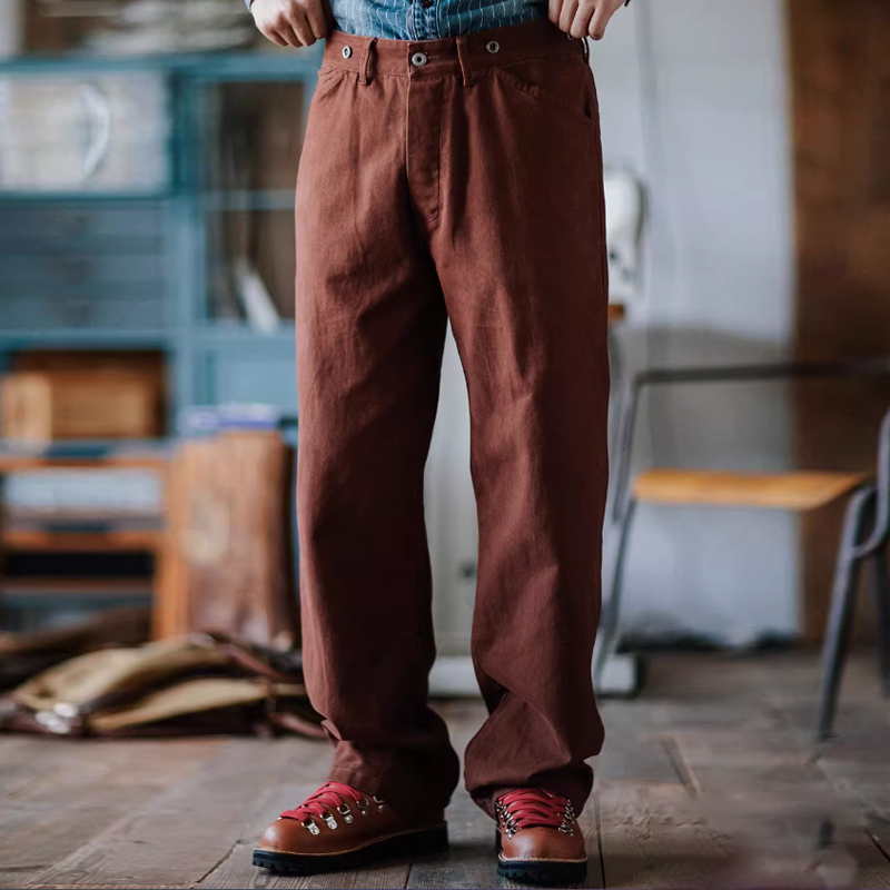Vintage Twill Cotton Solid Color Casual Suspender Brick Red Pants