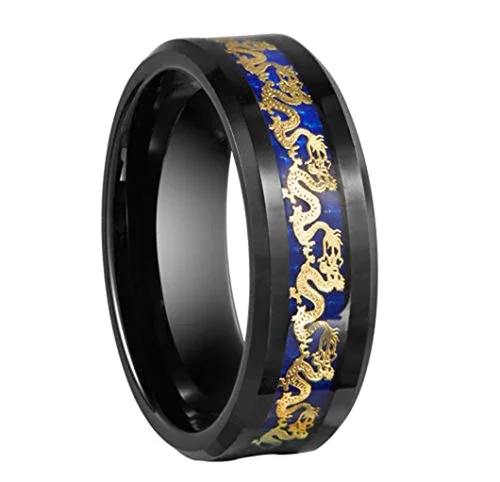 Women's Or Men's Tungsten Carbide Wedding Band Matching Rings,Black Ring with Gold Celtic Dragon Over Blue Carbon Fiber inlay Rings With Mens And Womens For Width 4MM 6MM 8MM 10MM