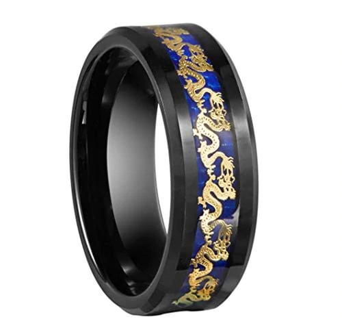 Women's Or Men's Tungsten Carbide Wedding Band Matching Rings,Black Ring with Gold Celtic Dragon Over Blue Carbon Fiber inlay Rings With Mens And Womens For Width 4MM 6MM 8MM 10MM