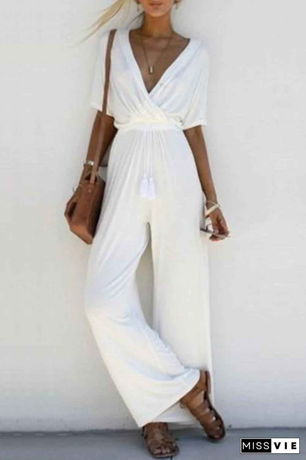 Casual Solid V Neck Straight Jumpsuits(3 Colors)