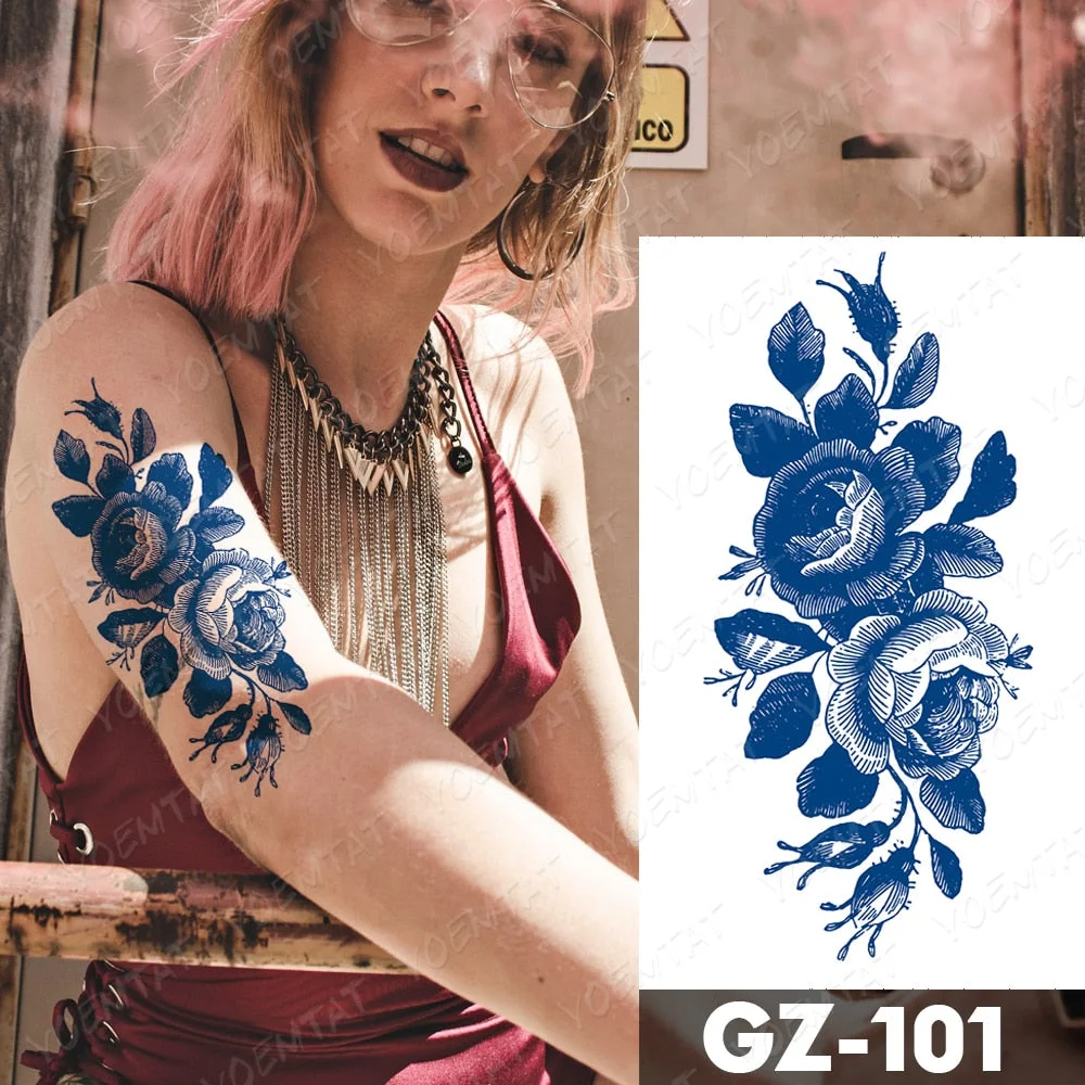 Juice Ink Tattoos Body Art Lasting Waterproof Temporary Tattoo Sticker Lines Flower Tatoo Arm Fake Sketch Peony Rose Tatto Women
