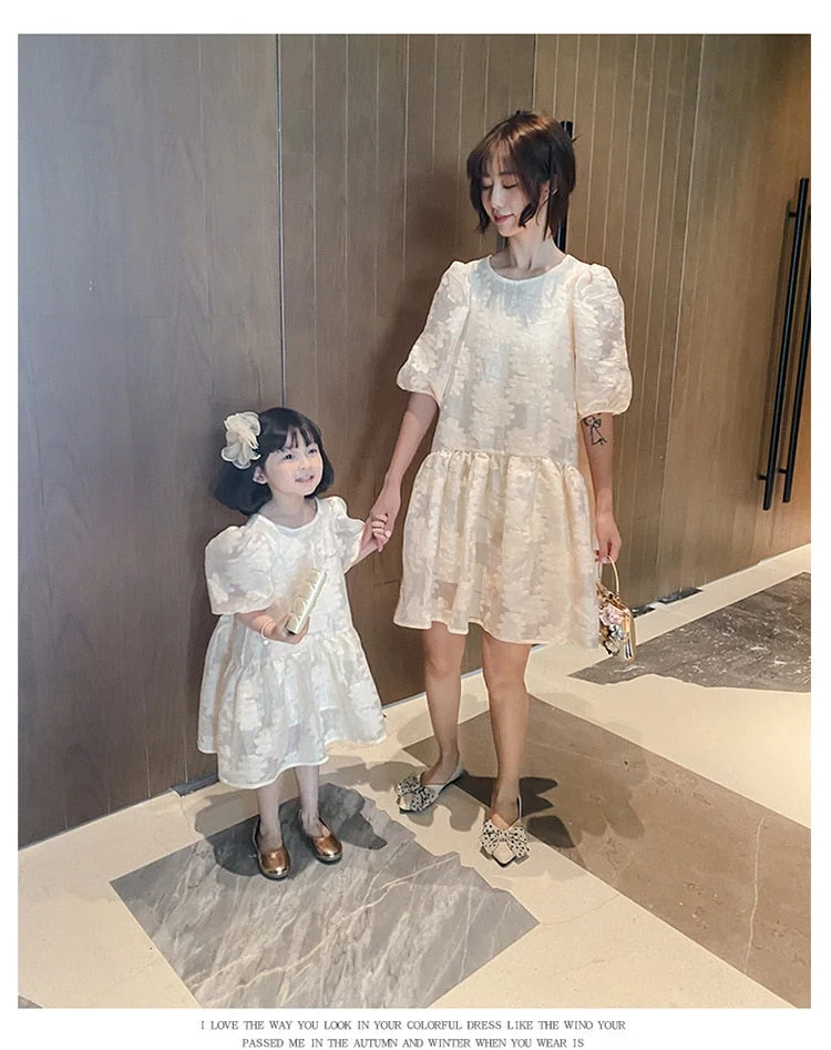 Mother And Daughter Lace Dress Cotton Family Matching Vintage Vestido Puff Sleeve Baby Girl Princess Jacquard Dress Summer