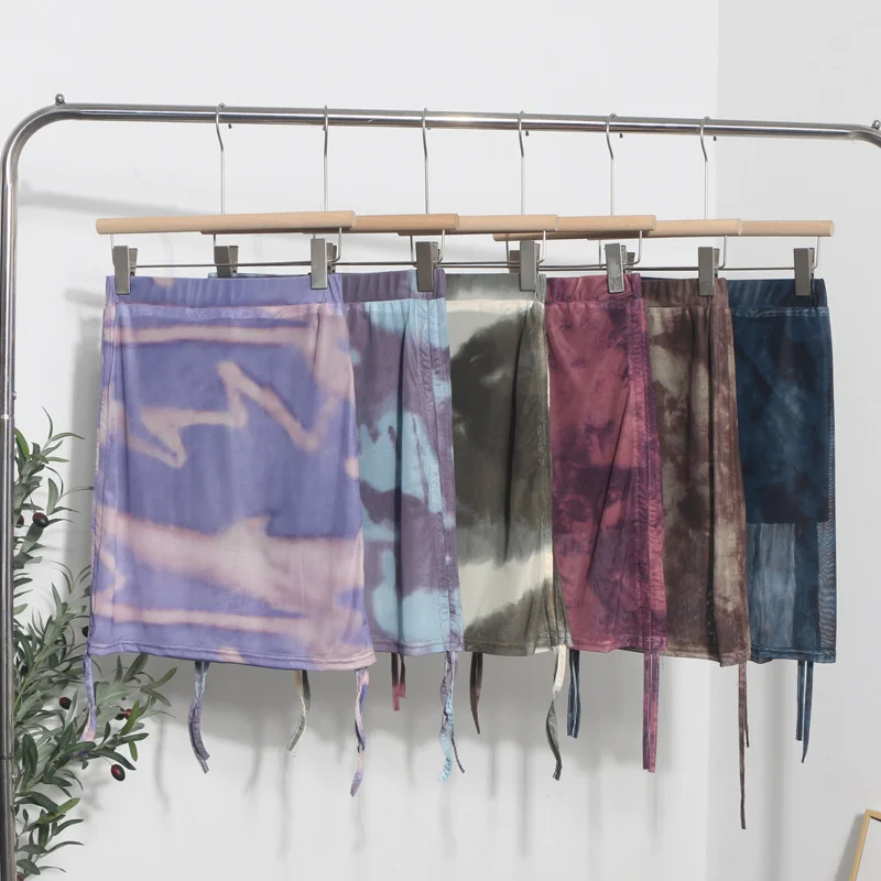 Uveng Solid Shot Tie-Dye Printing Net Yarn Rope With Folded Bag Hips Babes Short Skirt Anti-Light Repair Body Skirt 9919
