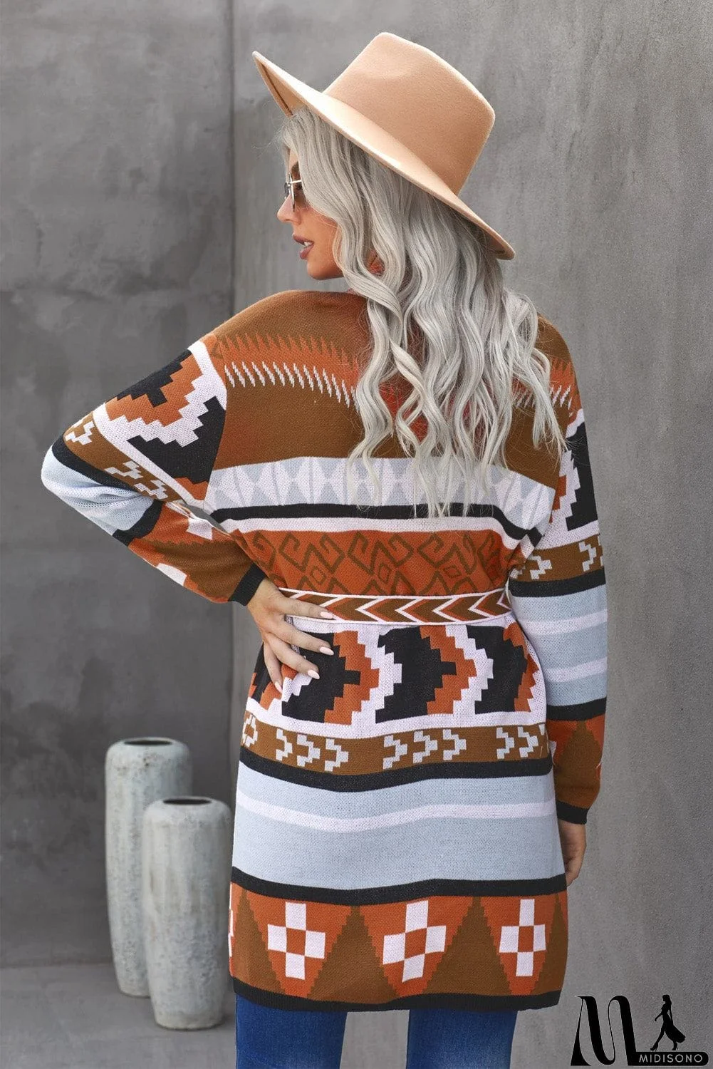 MidiSono - Multicolor Ethnic Style Knee Length Open Front Cardigan