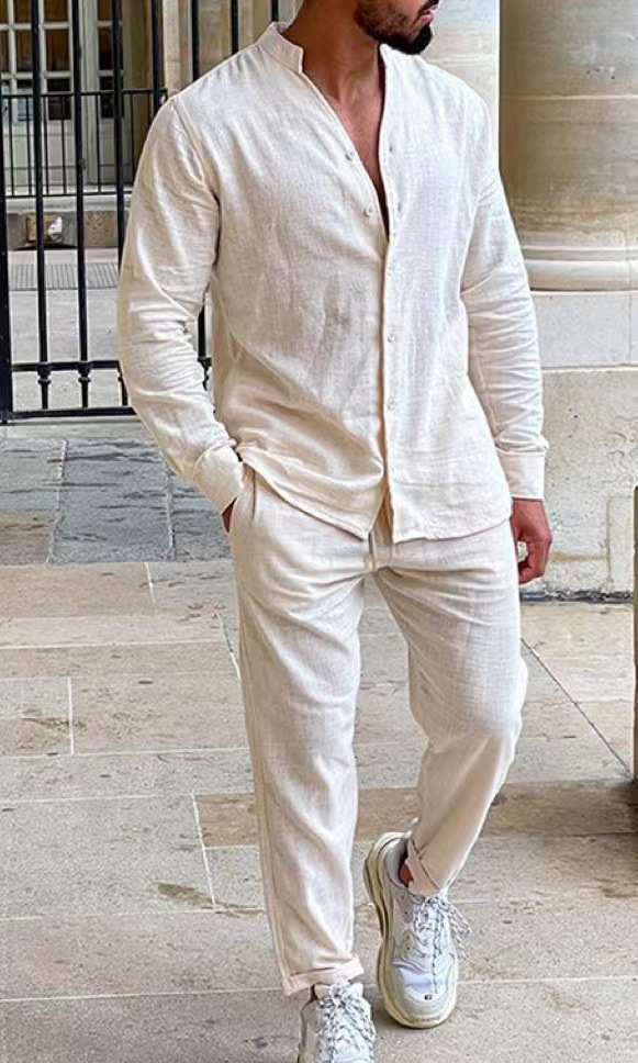 Placestovisits Mens Sets Linen Spring Autumn Leisure Suit Long Sleeve Shirts and Trousers Two Piece Sets Fashion Men Hot Sales Comfortable