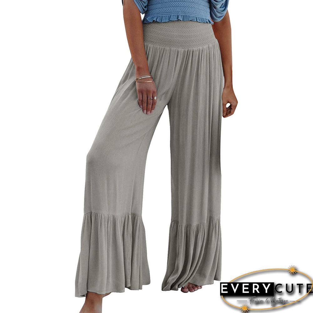 Light Gray Solid Elastic Waist Wide Leg Casual Pants