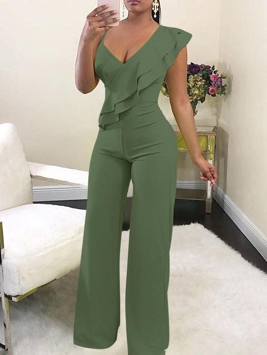 Lussooy Green Chic V-Neck Slim Fit Daily Jumpsuit With Ruffles  