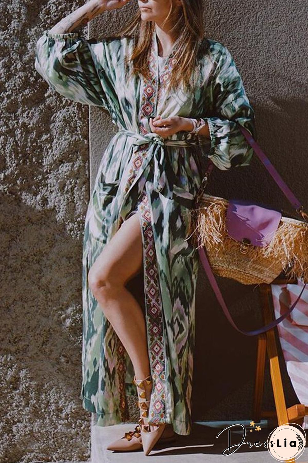 Loose Lace-up Printed Cardigan Dress P13383