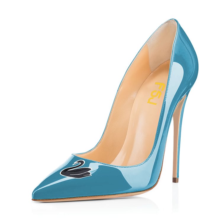 Women's Blue Swan Floral Office Heels Pointy Toe Stiletto Heels Pumps |FSJ Shoes
