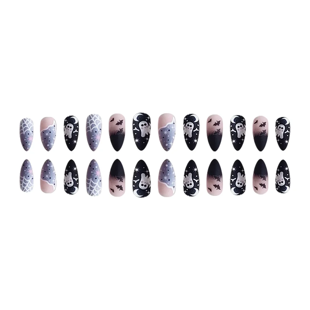 Churchf Churchf Almond Nail Scrub Spider Web Ghost Bat Halloween Element Fake Nail Finished Wear Armor Holiday Nail