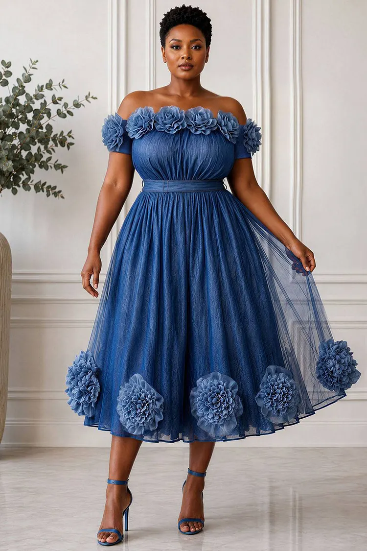 Xpluswear Design Plus Size Wedding Guest Blue Off The Shoulder 3D Tencel Denim Midi Dresses [Pre-Order] 2024 - Xpluswear
