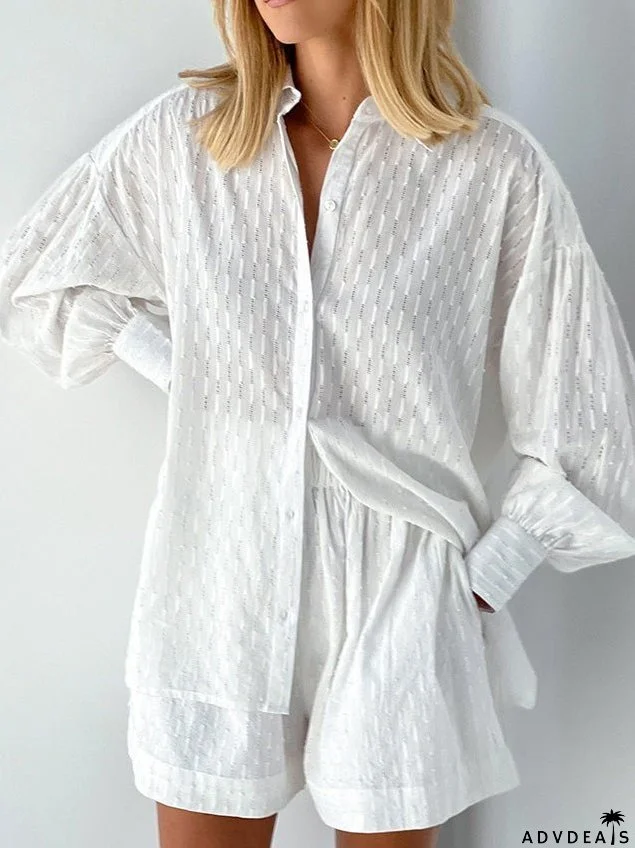 Sets Jacquard Long Sleeve Shirt & Shorts Two Piece Set for Women